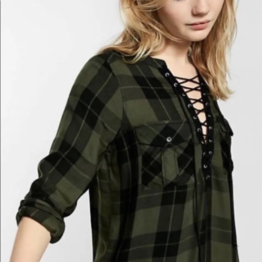 Express green and black plaid flannel w/ tie front